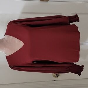 CeCe, Burgundy Size S V Neck Long Peasant Sleeve Smocked Cuff Georgette Blouse